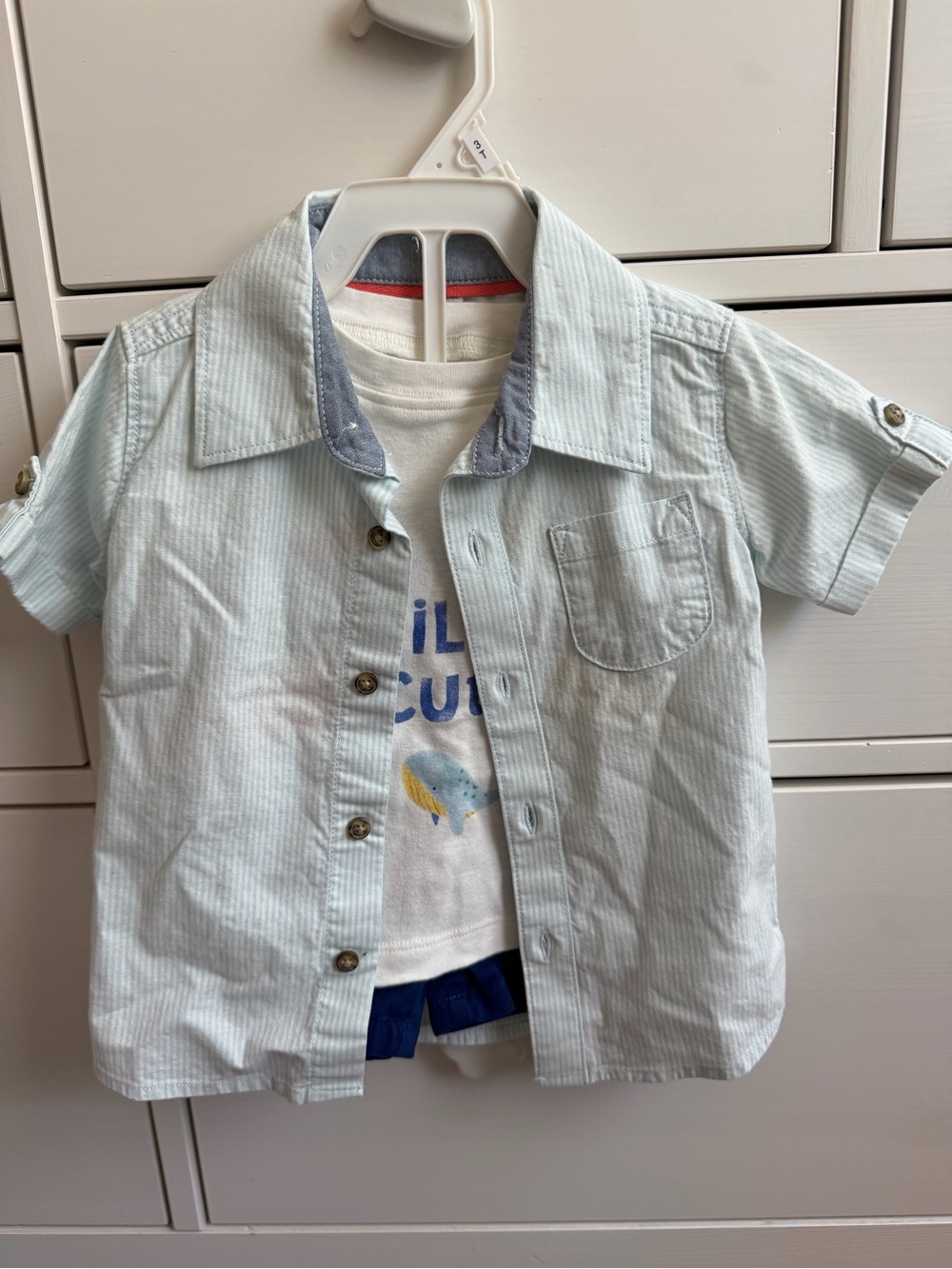 Carter's button down shirt, short sleeve and navy blue shorts